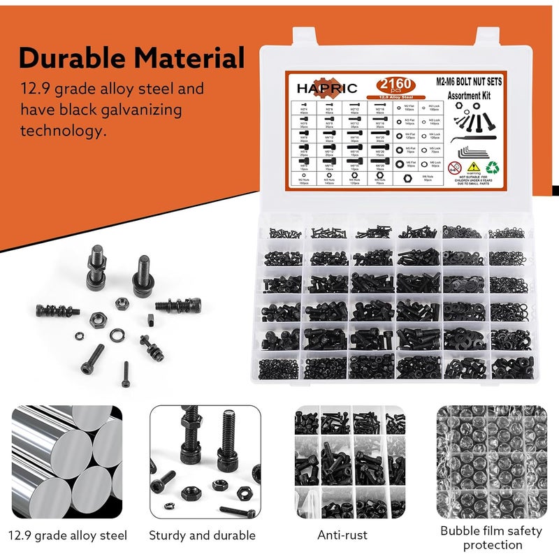 Hapric 2160 Pcs Metric Screw Assortment Metric Bolts M2 M3 M4 M5 M6 Nuts and Bolt Kit, 12.9 Alloy Steel Black Zinc Plated Hex Socket Head Screws Nuts Bolts and Washers Set - Image 4